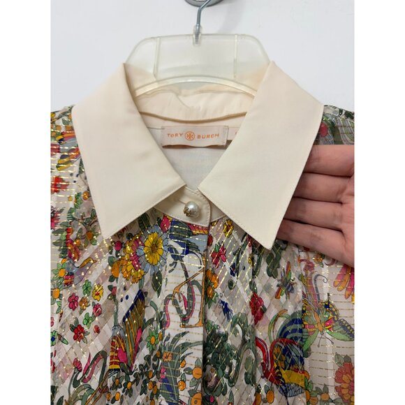 Tory Burch Promised Land Bird Peacock Floral Print Mini Dress Metallic Silk 8 - Picture 5 of 16